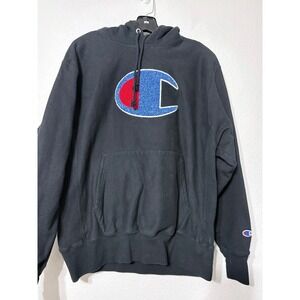 Champion Reverse Weave Black Chenille Big C Logo Hoodie GF68 BKC Mens Large